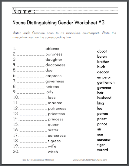 Nouns Distinguishing Gender Matching Worksheet - Free to print (PDF file).