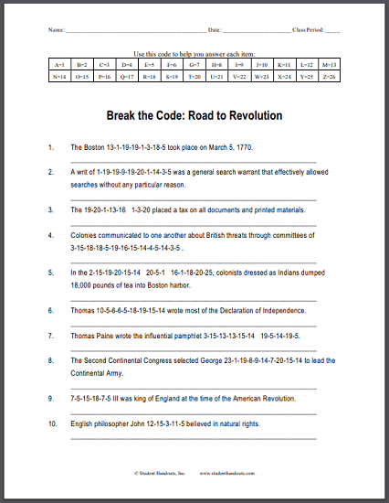 Road To The American Revolution Code Puzzle Student Handouts