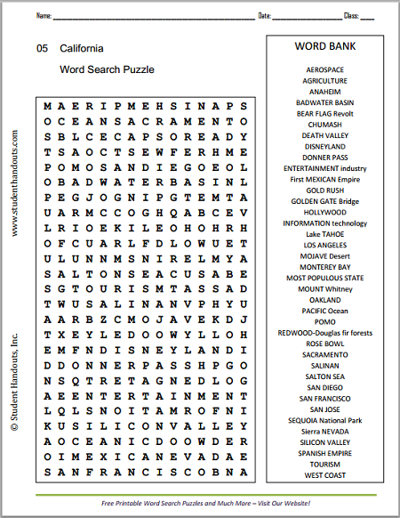 California Cities and Landmarks Word Search Puzzle - Free to print worksheet (PDF file) for grades 4 and up.