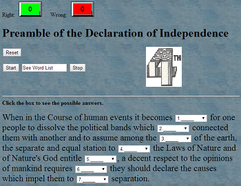 Gap Text Quiz Game on the Preamble to the Declaration of Independence