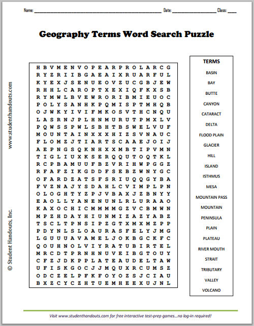 Geography Terms Word Search Puzzle Student Handouts