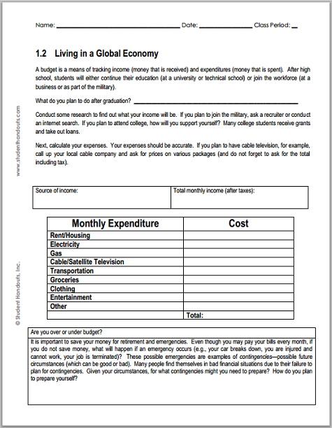 Monthly Budget Worksheet - For high school Economics students. Free to print (PDF file).