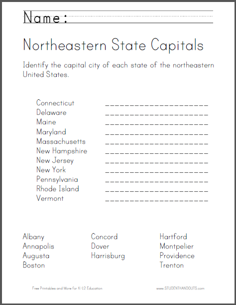 Northeastern State Capitals Identification Worksheet - Free to print (PDF file).