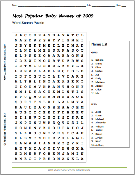 Most Popular Baby Names of 2009 Word Search Puzzle