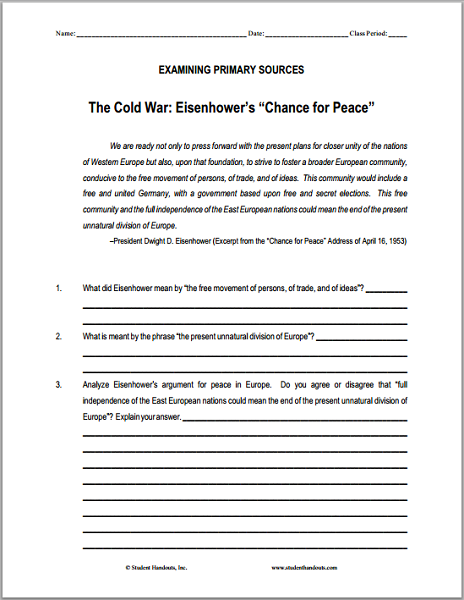 Eisenhower S Chance For Peace Dbq Worksheet Student Handouts