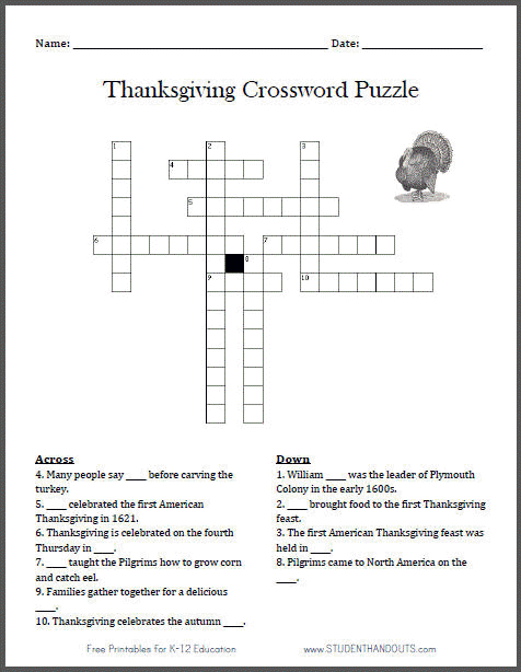 Free Printable Thanksgiving Crossword Puzzle Student Handouts