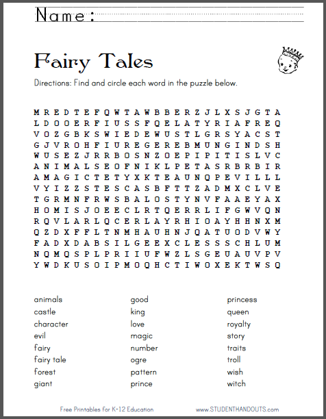 Fairy Tales Word Search Puzzle Student Handouts