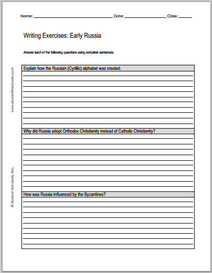Early Russian History Writing Exercises - Worksheet is free to print (PDF file) for high school World History or European History students.