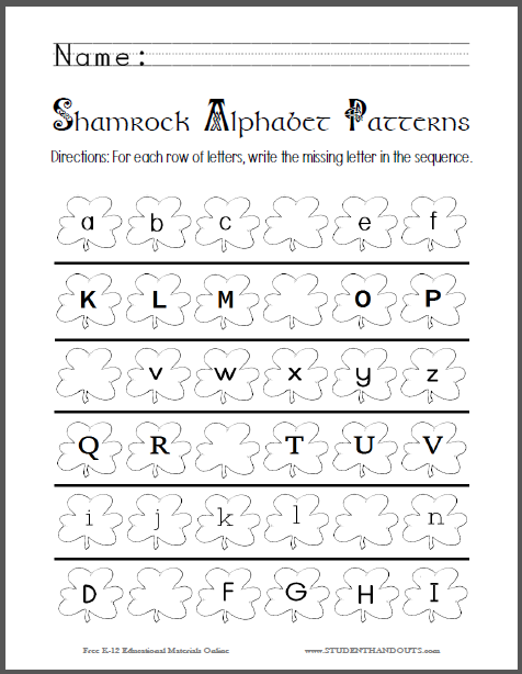 Shamrock Alphabet Patterns - Worksheet is free to print (PDF file) for kindergarten students.