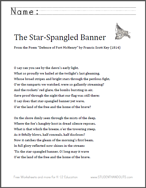 The Star Spangled Banner Lyrics Student Handouts
