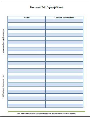 free printable german club sign up sheet student handouts