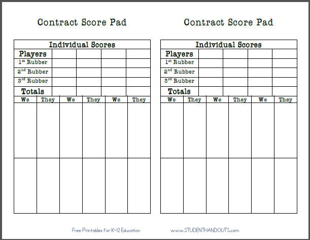 Free Printable Bridge Game Contract Score Pad Sheet