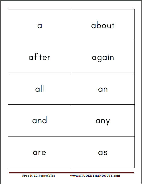 free kindergarten sight words flash cards printable with pictures