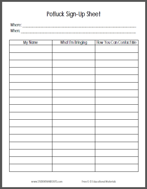 Potluck Sign Up Sheet Free To Print