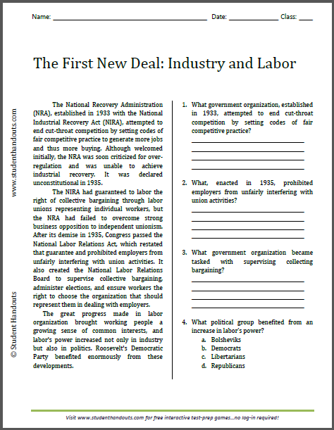 First New Deal Industry And Labor Reading With Questions Student Handouts