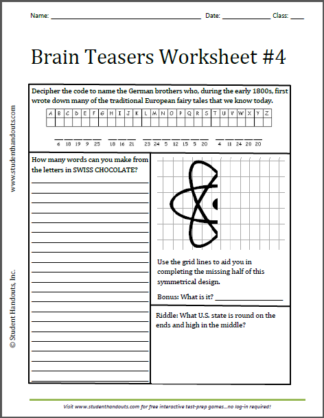 Brain Teasers Worksheet #4 | Student Handouts