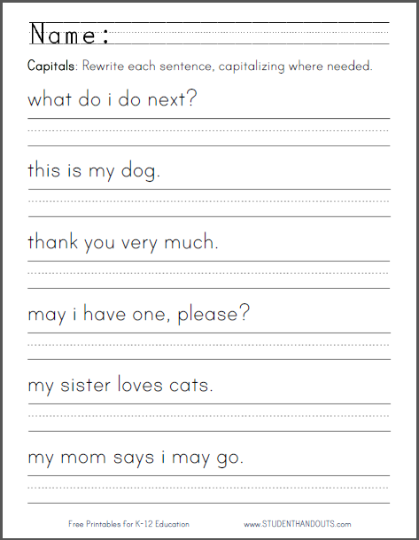 Capitalization Worksheet For Kindergarten Student Handouts