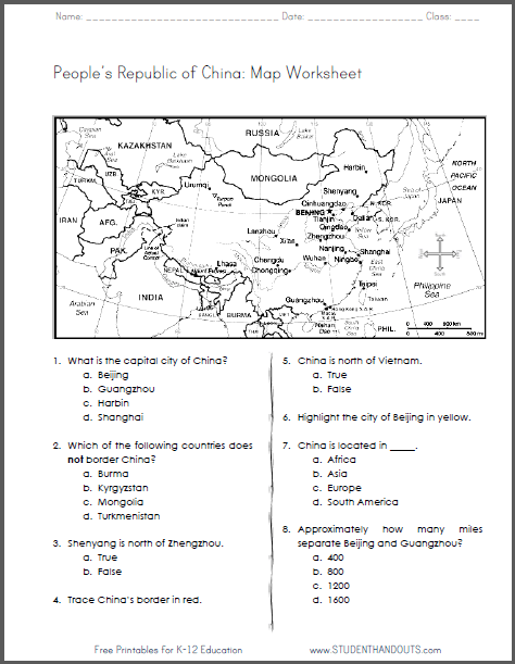 china map worksheet student handouts