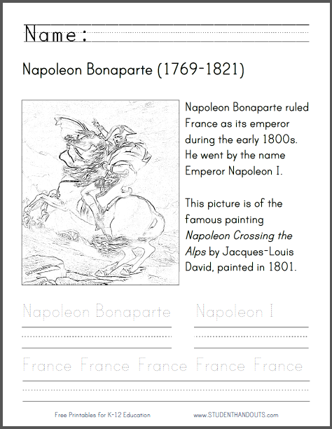 Napoleon Bonaparte Coloring Page - Free to print (PDF file) for lower elementary students.