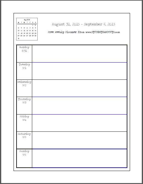 Free Blank Printable Weekly School Planner