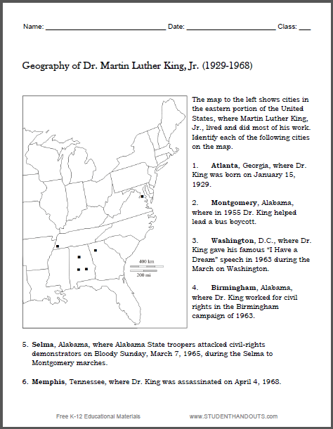 Martin Luther King Map Worksheet - Free to print (PDF file).