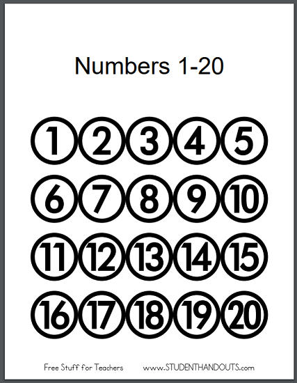 Printable Numbers 1-20 - For classroom organization. Free to print (PDF file).