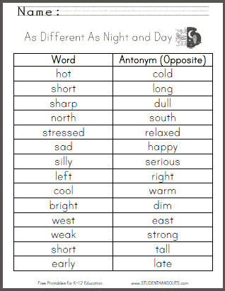 As Different As Night and Day - Antonyms Worksheet | Student Handouts