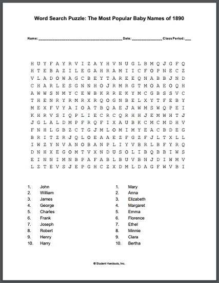 Most Popular Baby Names of 1890 Word Search Puzzle