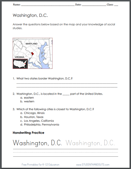 Washington, D.C., Map Worksheet for Grades 1-3 - Free to print (PDF file).