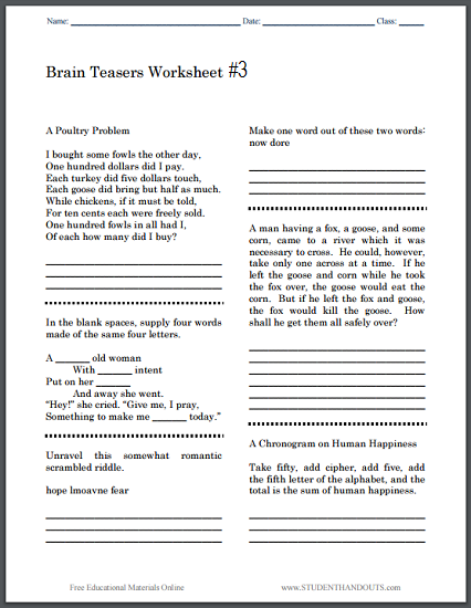 Brain Teasers Worksheet #3 | Student Handouts