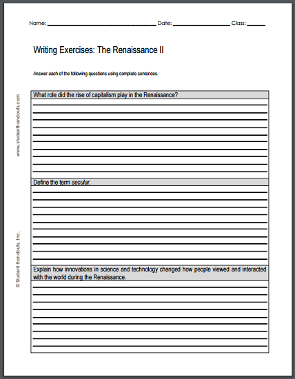 Renaissance Writing Exercises Sheet #2 - Free to print (PDF file).