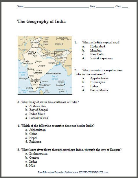 Geography of India Map Worksheet - Free to print (PDF file).
