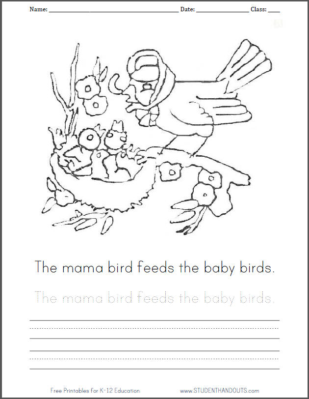 The mama bird feeds the baby birds. Free printable coloring page for kids with handwriting practice.
