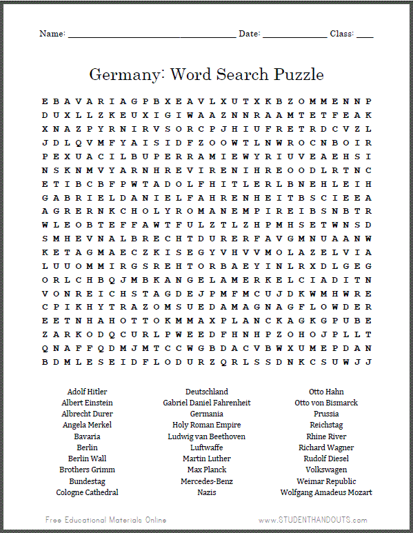 Germany Word Search Puzzle Student Handouts