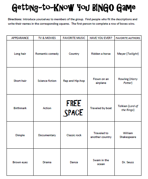 Getting-to-Know-You Bingo Game - Free to print (PDF file) with instructions.