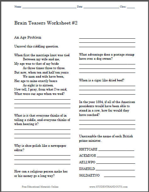 brain teasers worksheet 2 student handouts