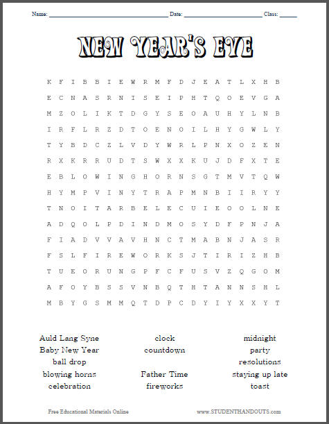  New Year s Eve Word Search Puzzle Student Handouts