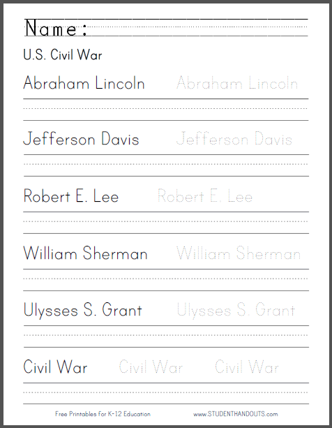 Leaders of the U.S. Civil War (1861-1865) Handwriting Practice Worksheet