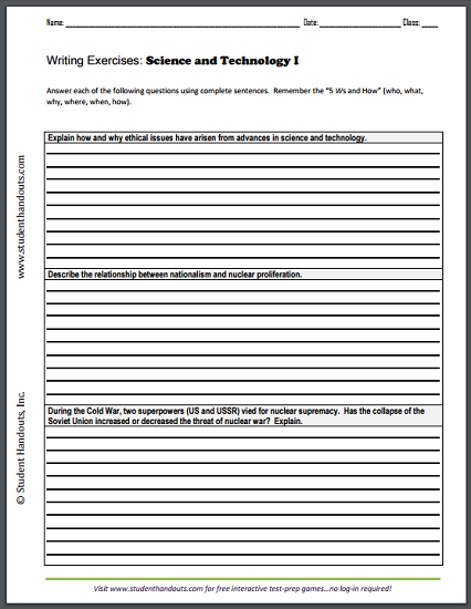 Science and Technology Writing Exercises Handouts - Free to print (PDF files).