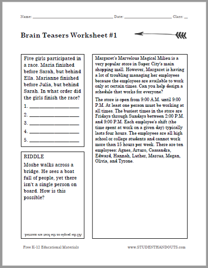 brain teasers puzzle worksheet 1 student handouts
