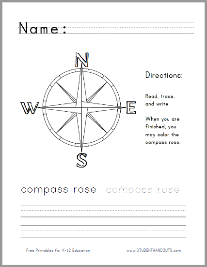 Compass Rose Handwriting Worksheet for Lower Elementary Social Studies