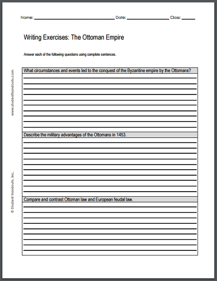Ottoman Empire Writing Exercises - Free printable worksheet (PDF) with three short essay questions.