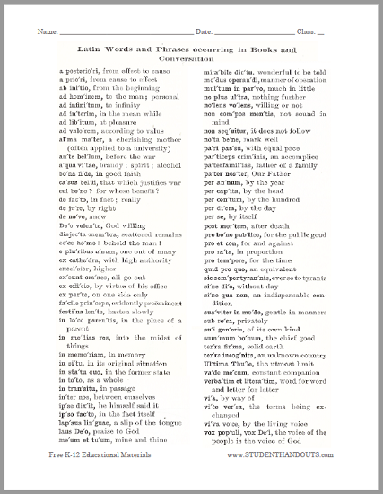 Printable List Of Common Latin Words And Phrases Student Handouts