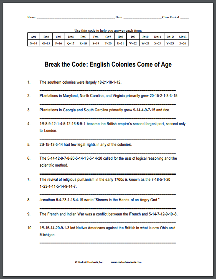 English Colonies Come of Age - Code Puzzle | Student Handouts