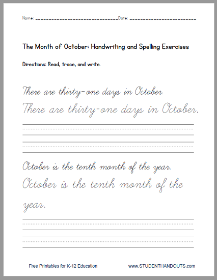 october handwriting practice sentences worksheets student handouts