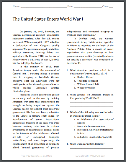 United States Enters World War I - Free printable reading with questions (PDF file) for high school United States History students.