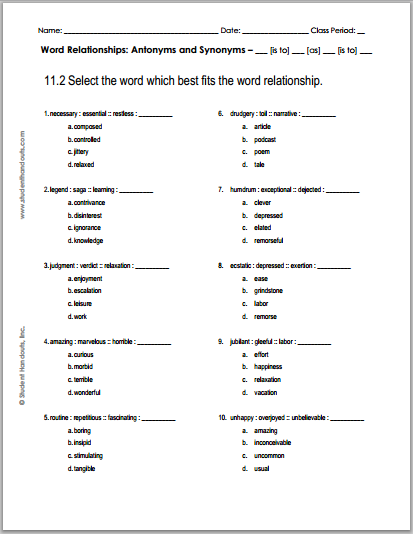 11.2 Word Relationships Quiz | Student Handouts