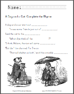 "A Dog and a Cat" Nursery Rhyme Worksheets - Free to print (PDF files).
