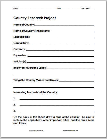 Country Research Project - Worksheet is free to print (PDF file).