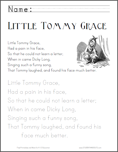 little tommy grace nursery rhyme worksheets student handouts